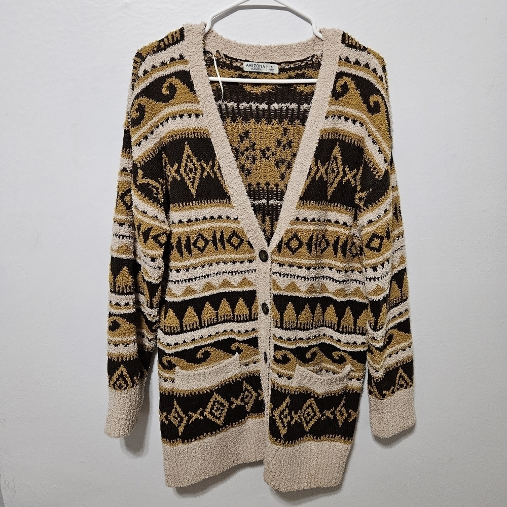 Arizona Jean Co Aztec Tribal Western Earthy Teddy Bear Cardigan Sweater Sz Small